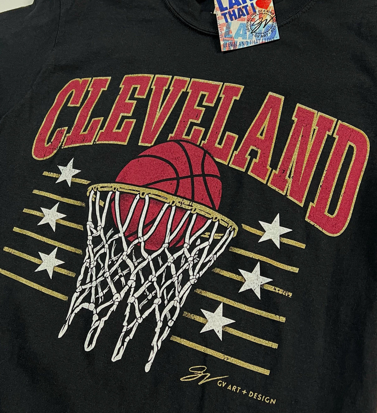 Black Cleveland Basketball Vintage Net Skyline T shirt